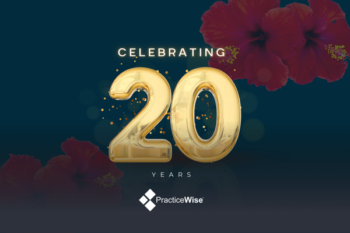 Hibiscus flower background with text celebrating 20 Years of PracticeWise